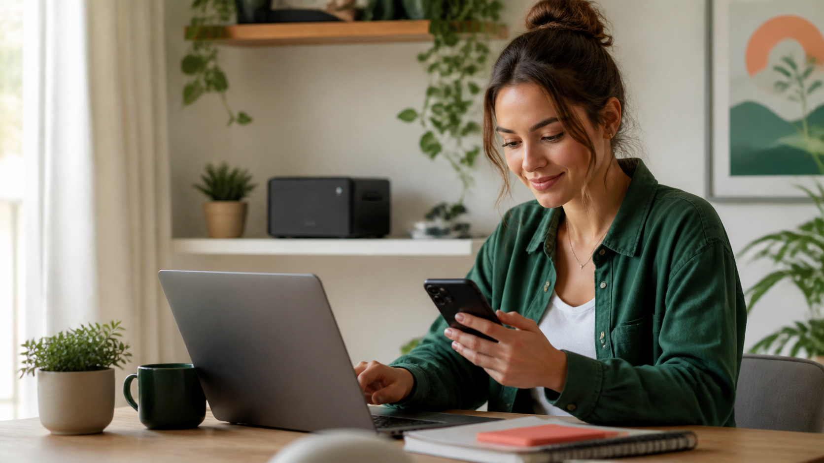 Une utilisatrice retrouve ses fichiers sur son téléphone et son ordinateur avec SecretCloud.